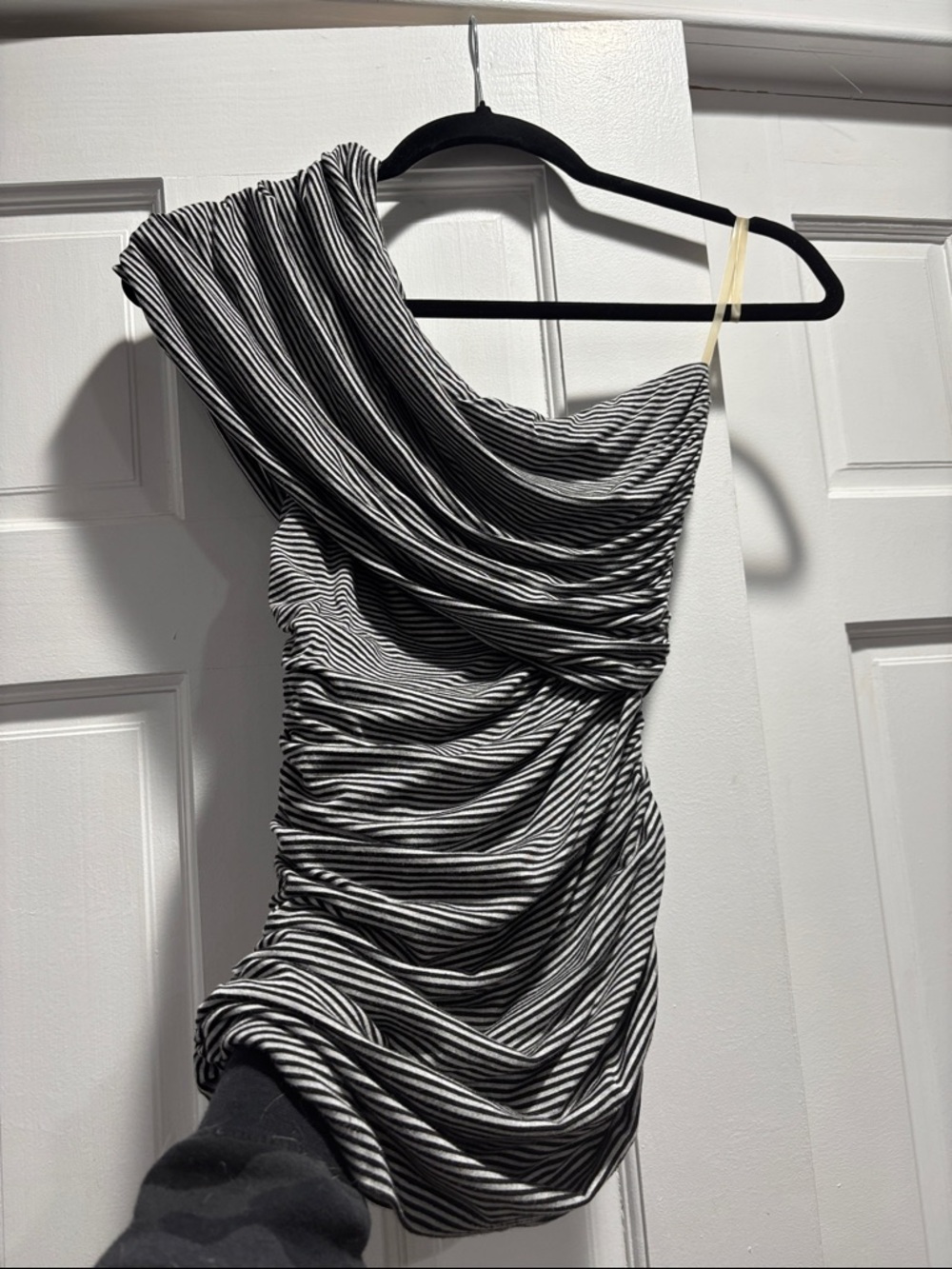 Black & grey Striped One-Shoulder Ruched top